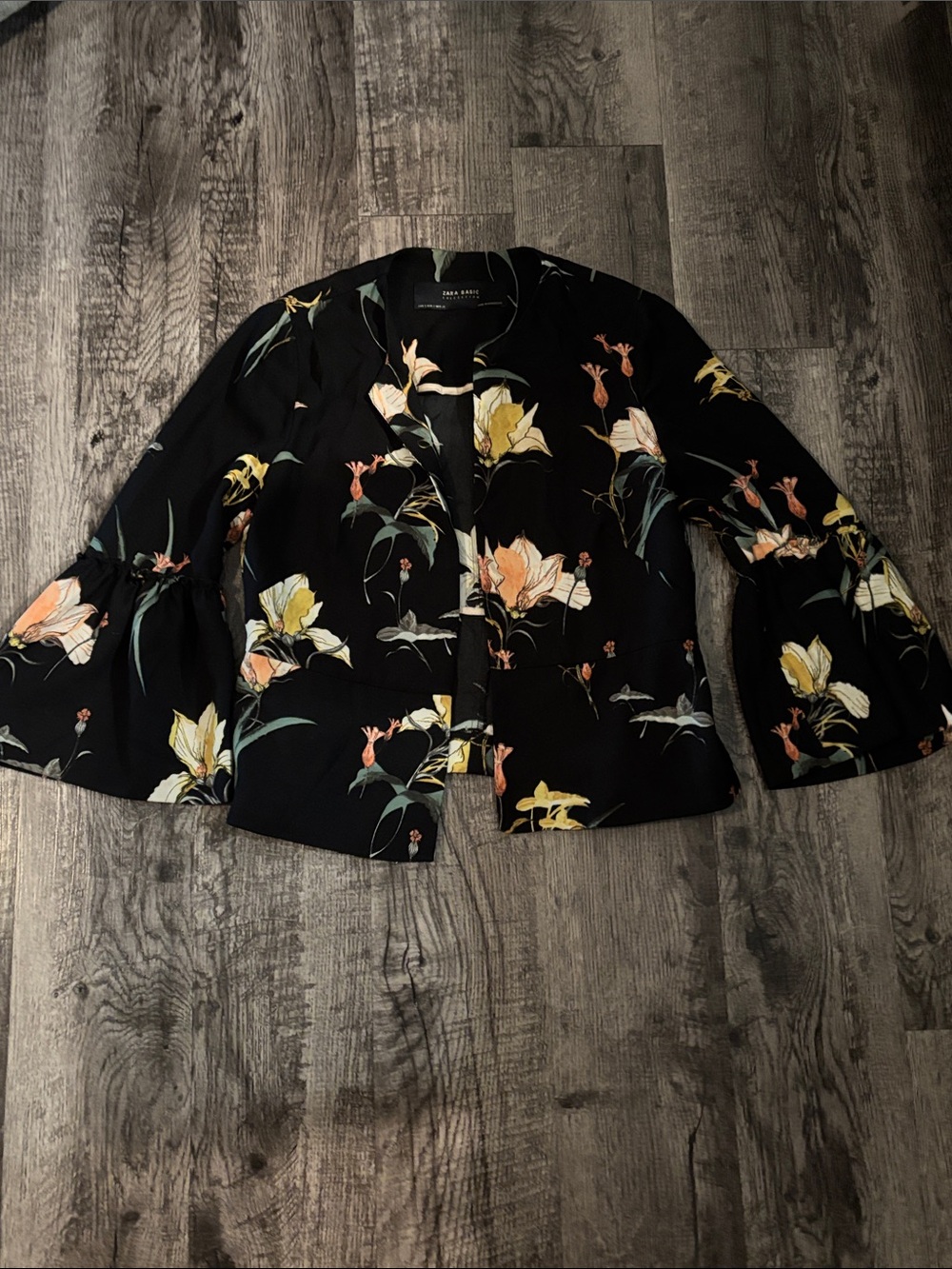 Zara Open-Front Blazer with Bell Sleeves - Black with Florals - Size Small
